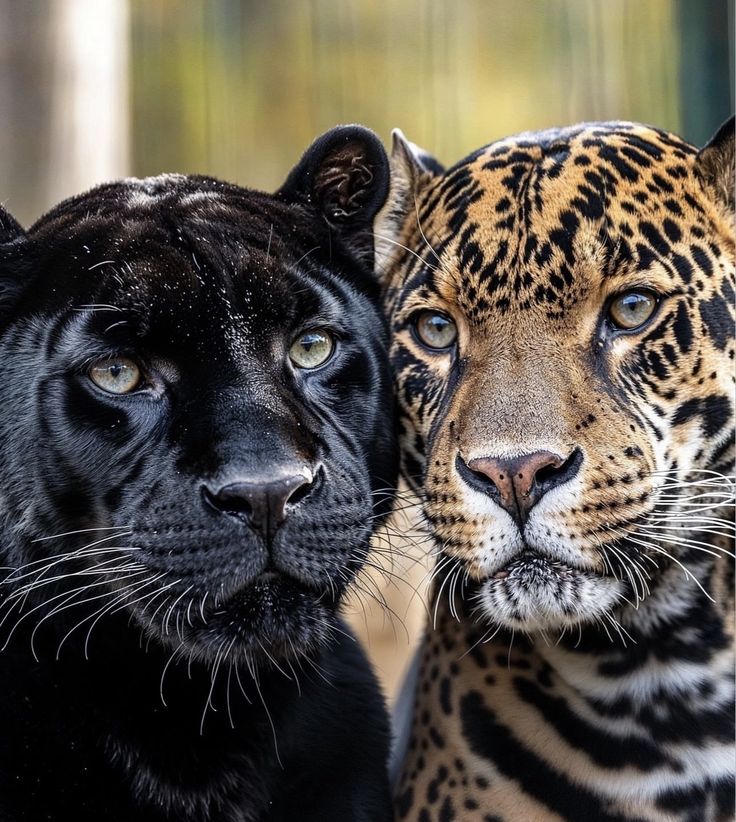 two black and one brown leopard standing next to each other