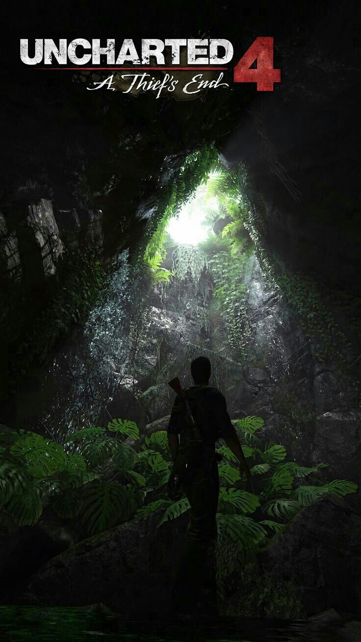 the cover for uncharted 4, featuring a man standing in front of a cave