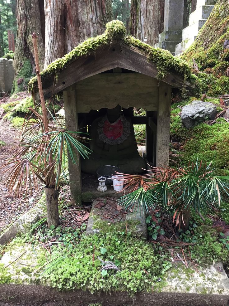 a shrine in the middle of a forest with moss growing on it's roof