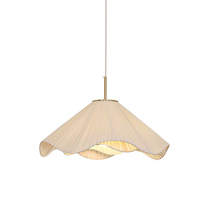 a light fixture with pleated fabric on the bottom and gold trim around the neck