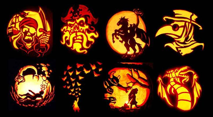 carved pumpkins with images of people and animals on them, all in different colors