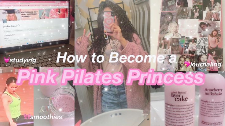 a collage of photos with pink pilates and princesses on the screen