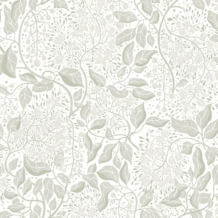 a white wallpaper with leaves and flowers on the side, in shades of gray