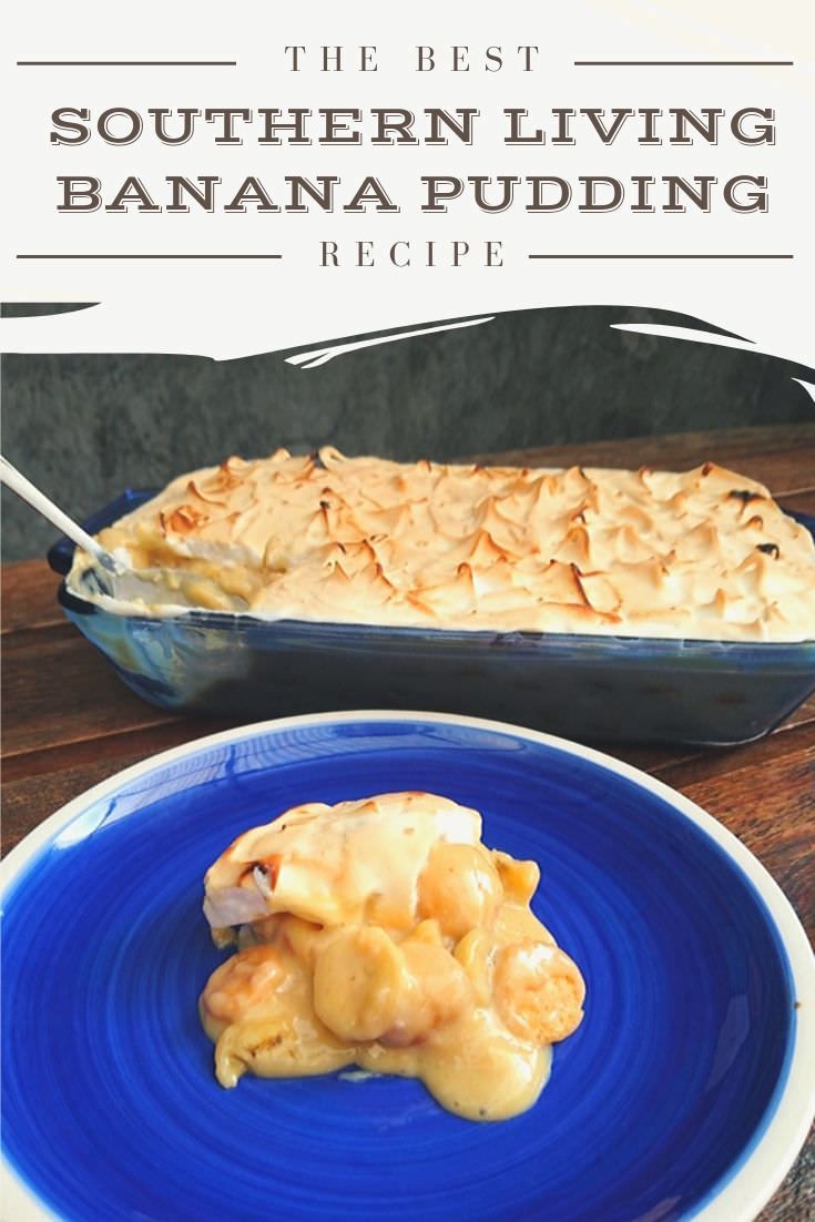 the best southern living banana pudding recipe on a blue plate with a spoon in it