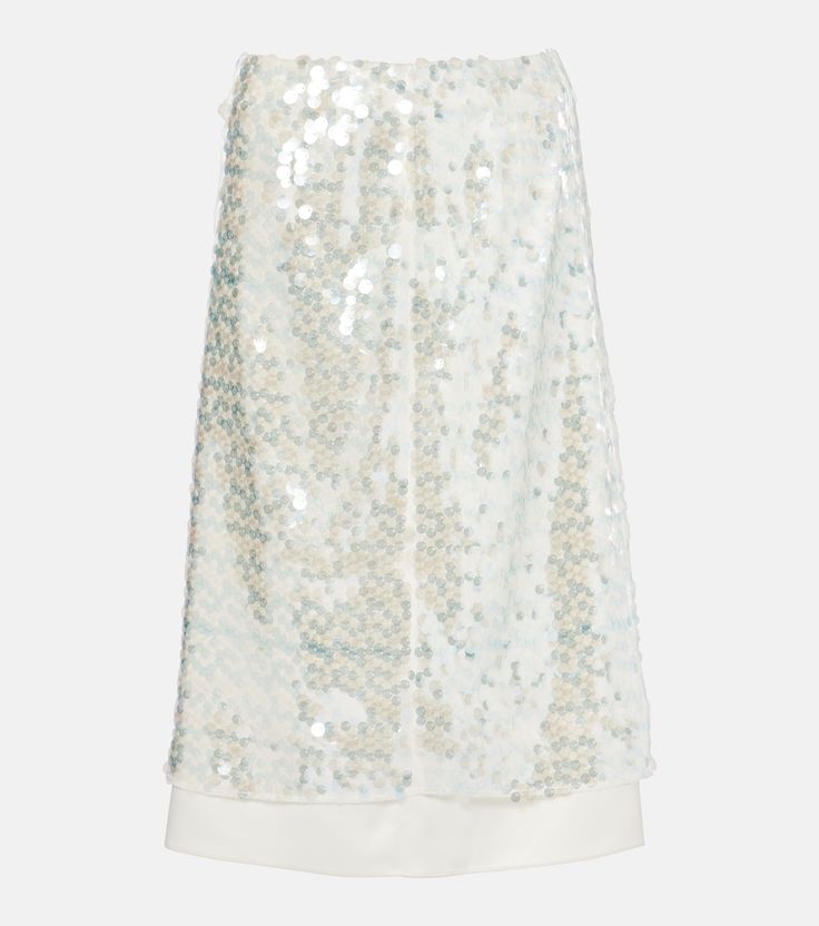 Beaded midi skirt in blue - Xu Zhi | Mytheresa White Evening Midi Skirt, White Midi Skirt For Evening, White Midi-length Bottoms For Evening, White Midi Length Bottoms For Evening, White Midi Party Bottoms, White Midi Length Party Bottoms, Elegant White Sequined Skirt, Relaxed Midi Skirt For Cocktail Occasions, Summer Midi Skirt With Sequins