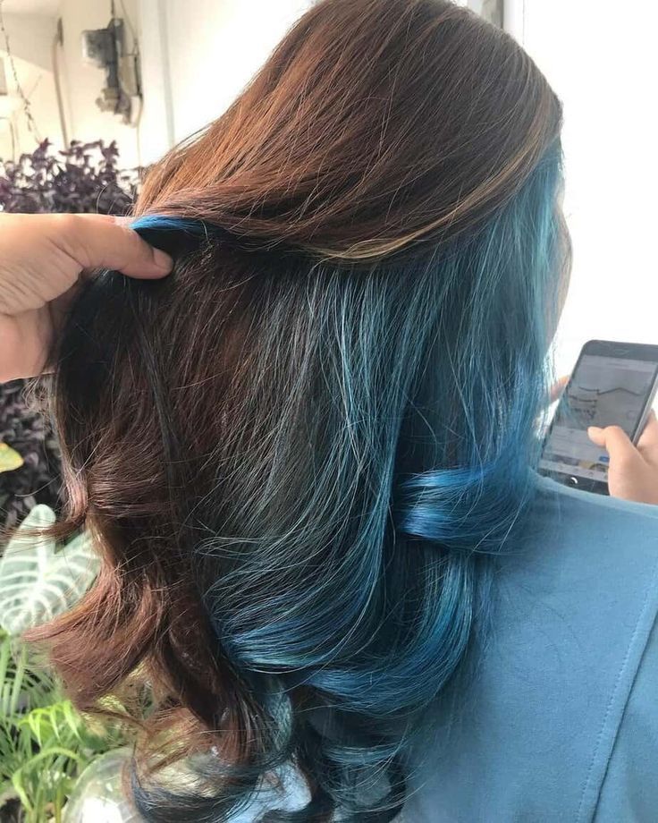 Peekaboo Hair With Brown Hair, Pee A Boo Hair Color, How To Do A Peekaboo Hair Color, Blue Hair Highlights For Brown Hair, Blue Ombre Hair Color For Brunettes, Colourful Ombre Hair, Colour Underneath Hair, Blue Peekaboo Hair Brown, Under Hair Color Blue