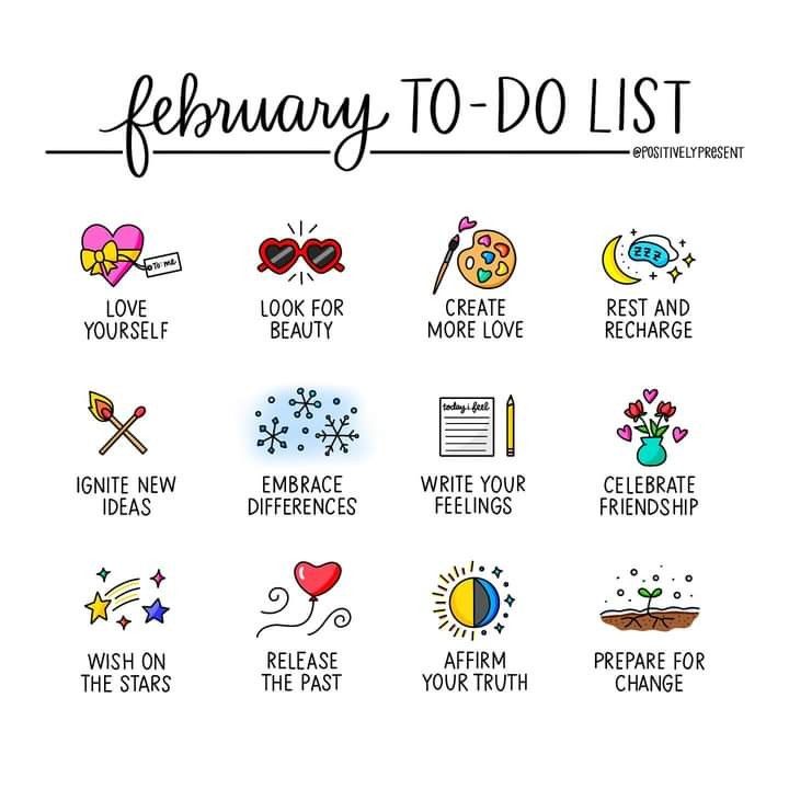 February Bucket List, Friendship Wishes, February Activity, Happy February, Twenty Twenty, A Night To Remember, Bullet Journal Ideas Pages, Self Care Activities, Makeup Eyeliner