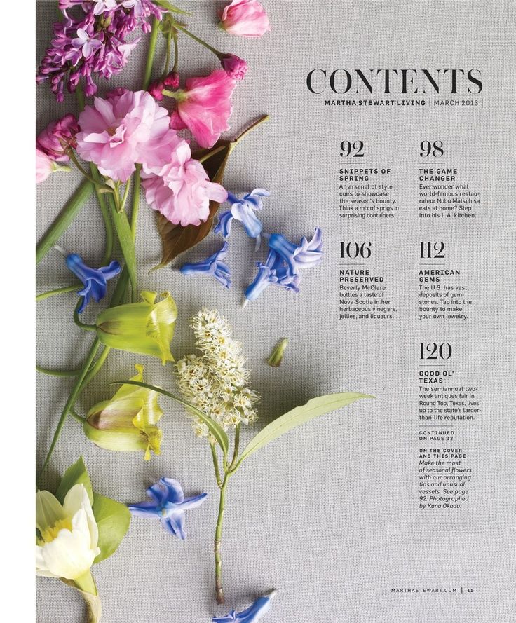 the contents of a magazine with flowers on it, including blue and pink orchids