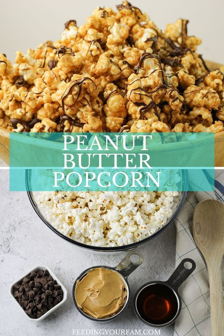 peanut butter popcorn with chocolate drizzled on top and other ingredients in bowls