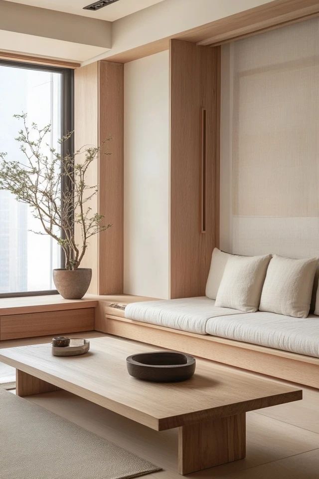 a living room filled with furniture and a large window next to a wooden coffee table