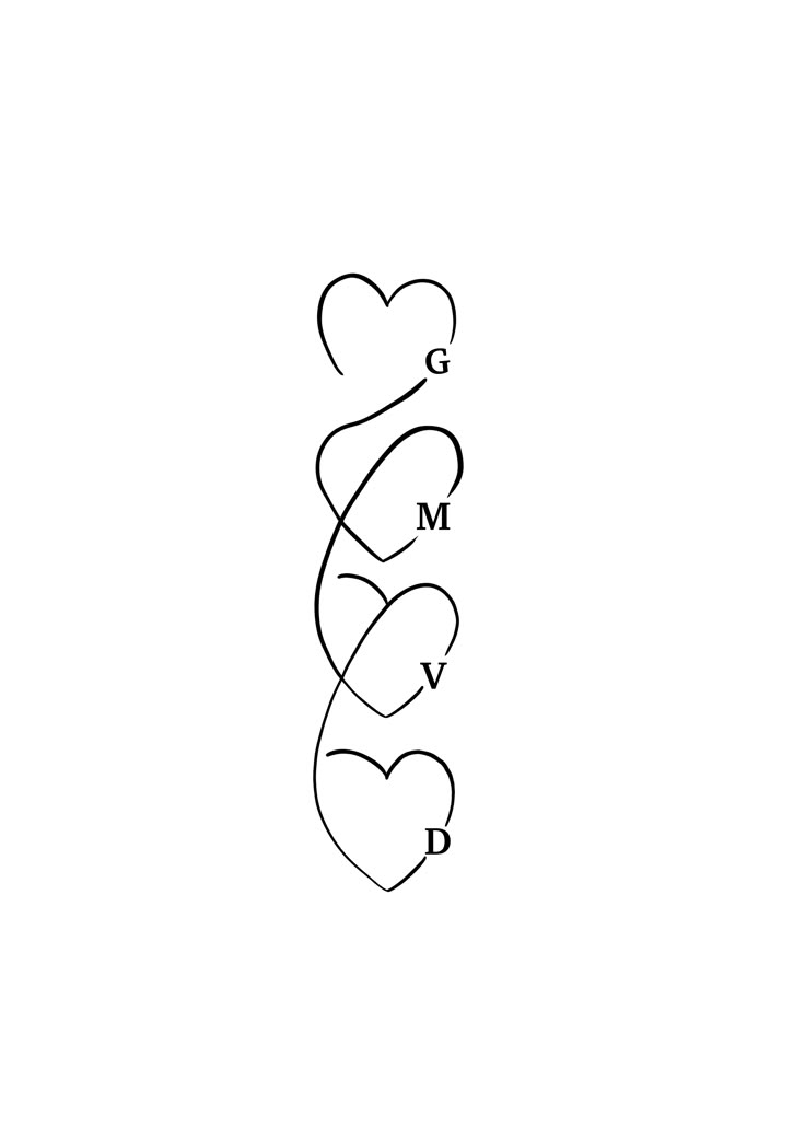 two hearts with the letter g and m in each other's letters on a white background