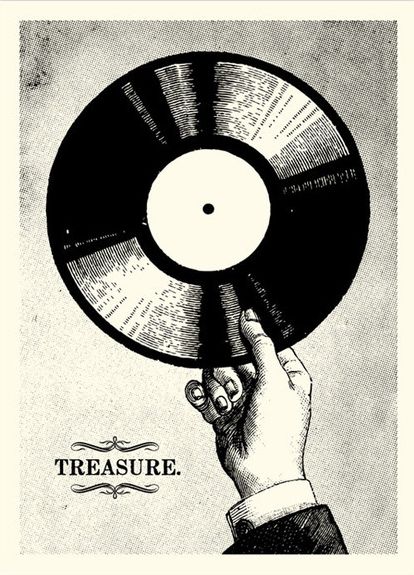 a black and white poster with a hand holding a record in it's center