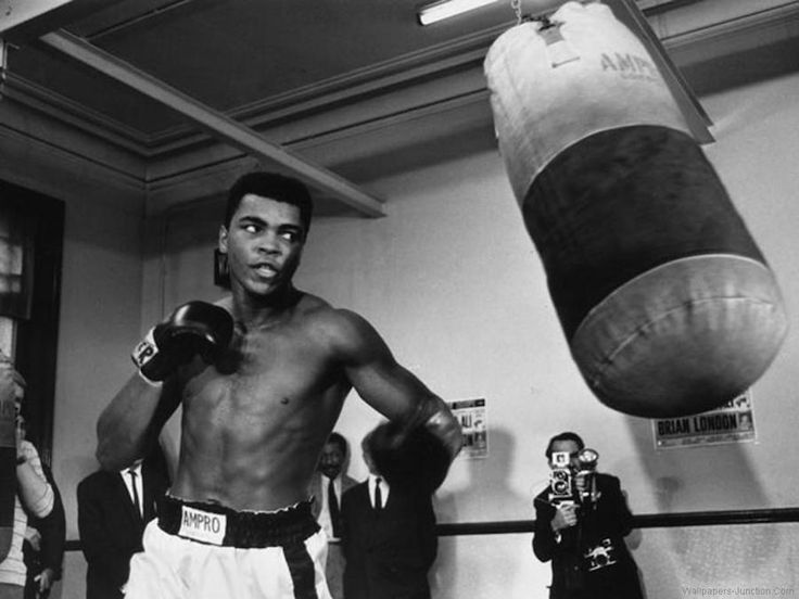 a black and white photo of a man with boxing gloves in his hand, standing next to a punching bag that says i hate every minute of training but i said don't quit