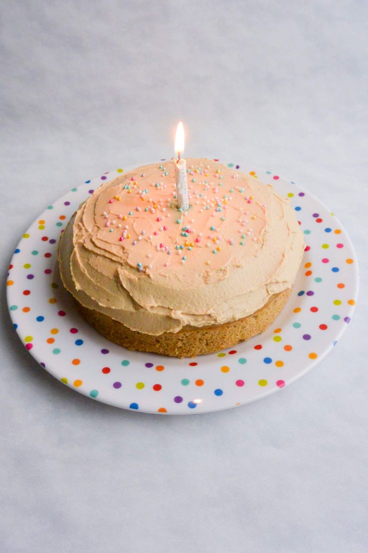 a birthday cake sitting on top of a plate with a lit candle in the middle