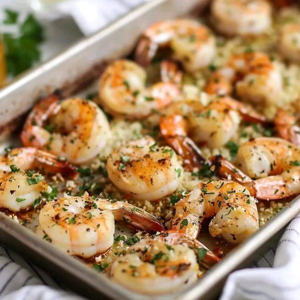 a pan filled with shrimp and rice on top of a table