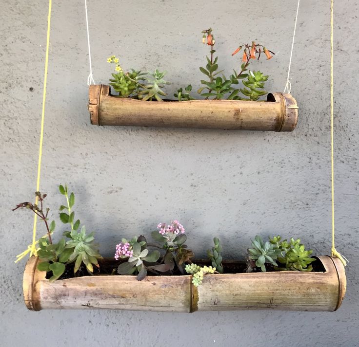 two hanging planters with succulents and flowers in them on a wall