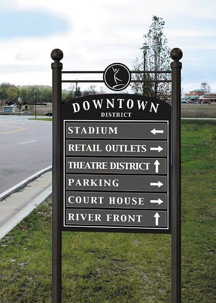 a sign on the side of the road that says downtown stadium, retail outlets, theatre district, parking court house, river front