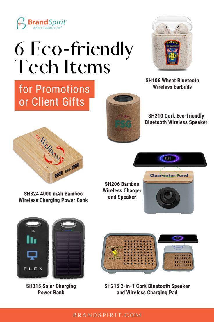 Combine tech and eco-friendly marketing with these six promotional products that can be customized and personalized with a logo or a unique graphic design. This list offers Bluetooth speakers, wireless phone chargers, and even solar power banks.

These recycled tech items are recommended for:

Holiday business gifts
Appreciation Gifts for clients or employees
Event Token for VIPs and Guests
Conference Gifts for Keynote Speakers Promotional Items Marketing, Promotional Items For Business, Unique Promotional Items, Business Promotional Gifts, Gifts For Clients, Solar Power Bank, Phone Chargers, Power Banks, Wireless Charging Pad