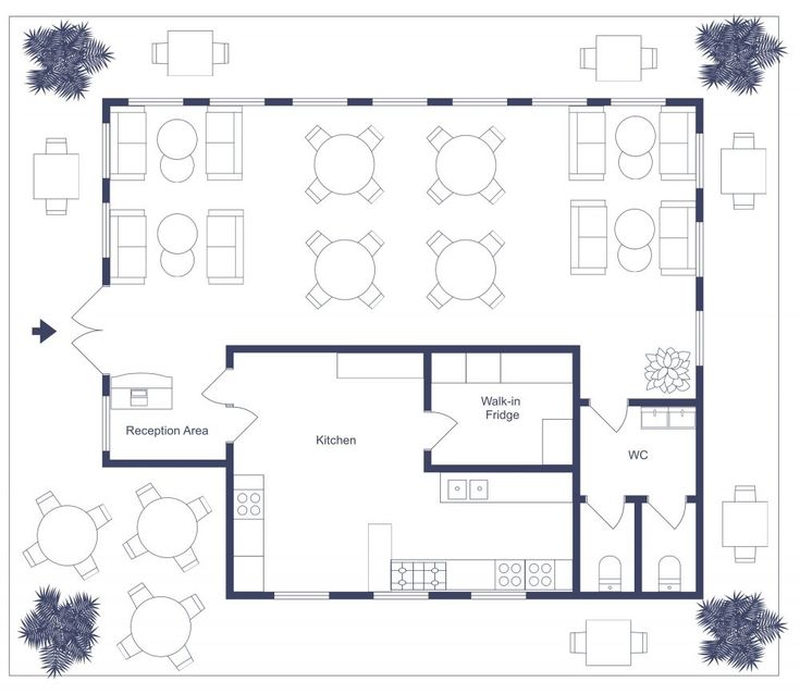 a floor plan for a restaurant with seating and kitchenette areas, including the dining area