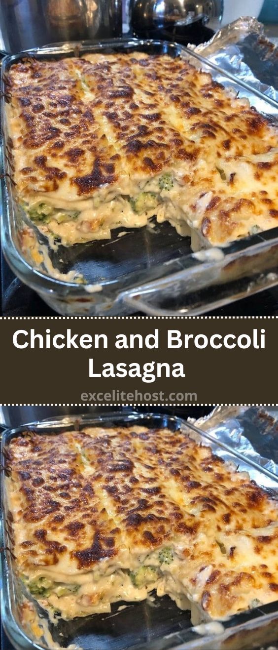 chicken and broccoli lasagna casserole is shown in two separate pans