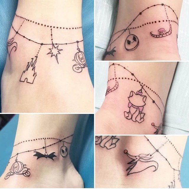 four pictures of different tattoos on the legs and feet, all showing their meaningss