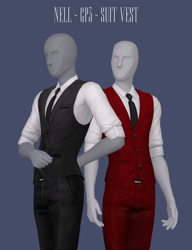 two mannequins dressed in black and red suits