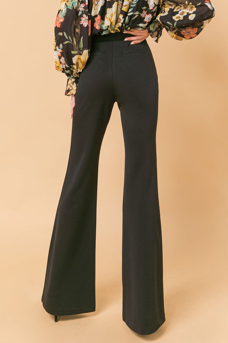 Hight-rise flare pants with center seam. Faux back pockets Details Self: 97% polyester, 3% spandex Imported Size & Fit - Model is 5`8" and wearing size Small - Measurements taken from size Small - Length: 45" Fitted Pants With Seam Detailing For Spring, Chic Full-length Bottoms With Seam Detailing, Chic Full Length Bottoms With Seam Detailing, Elegant Stretch Flares With Straight Leg, Elegant Stretch Straight Leg Flares, Sleek Flare Pants For Fall, Classic Fitted Flare Dress Pants, Classic Fitted Wide Leg Flare Pants, Elegant Wide-leg Flare Jeans For Spring