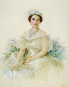 a painting of a woman wearing a tiara and sitting on a flowered chair