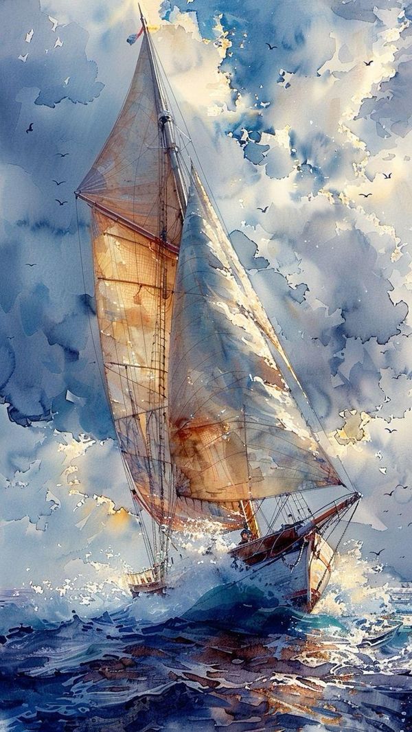 a painting of a sailboat sailing in the ocean on a cloudy day with birds flying overhead