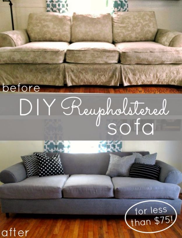 before and after pictures of a couch in the living room