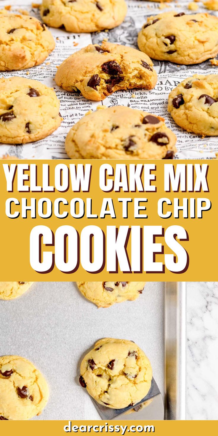 yellow cake mix chocolate chip cookies on a baking sheet with text overlay that reads, yellow cake mix chocolate chip cookies