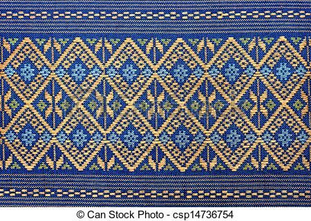 an old rug with blue and yellow designs on the front, side or back end