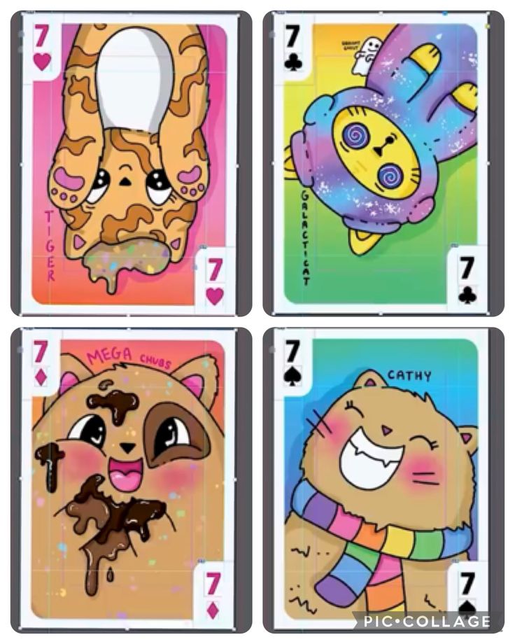 four cards with cartoon animals on them