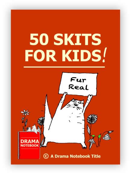 the book cover for 50 skits for kids, featuring a cat holding a sign