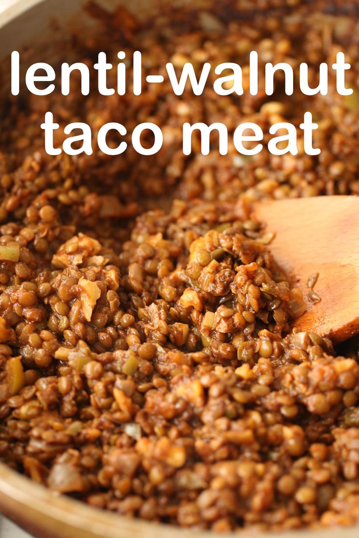 Large bowl filled with walnut taco meat.  Wooden spoon scooping up portion. Lentil Meat Recipes, Lentil And Walnut Taco Meat, Walnut Lentil Taco Meat, Lentil Recipes Healthy Low Carb, Lentil Taco Meat Easy, Red Lentil Taco Meat, Vegan Walnut Taco Meat, Lentil Walnut Taco Meat, Brown Lentil Tofu