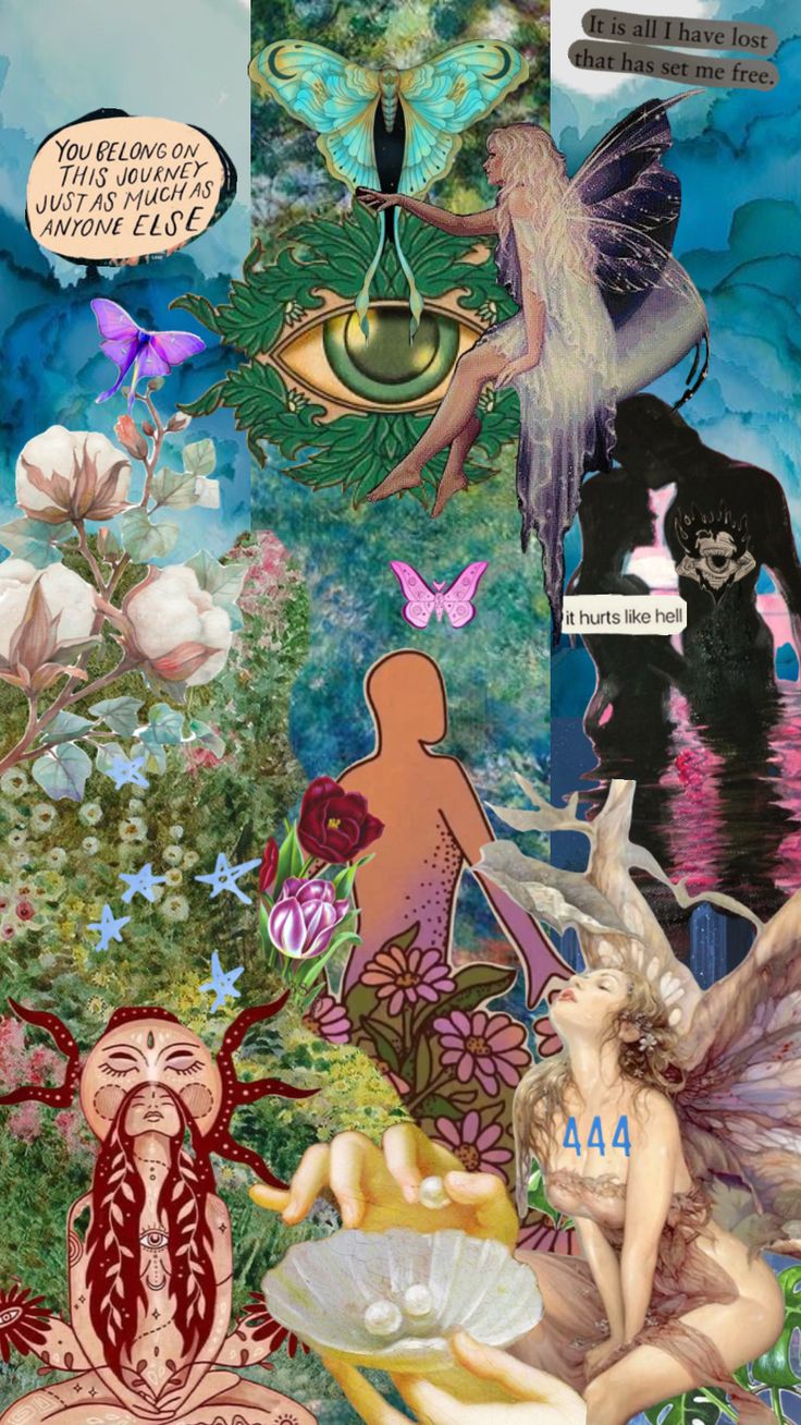 a collage of different images with flowers and other things in the background, including an eye