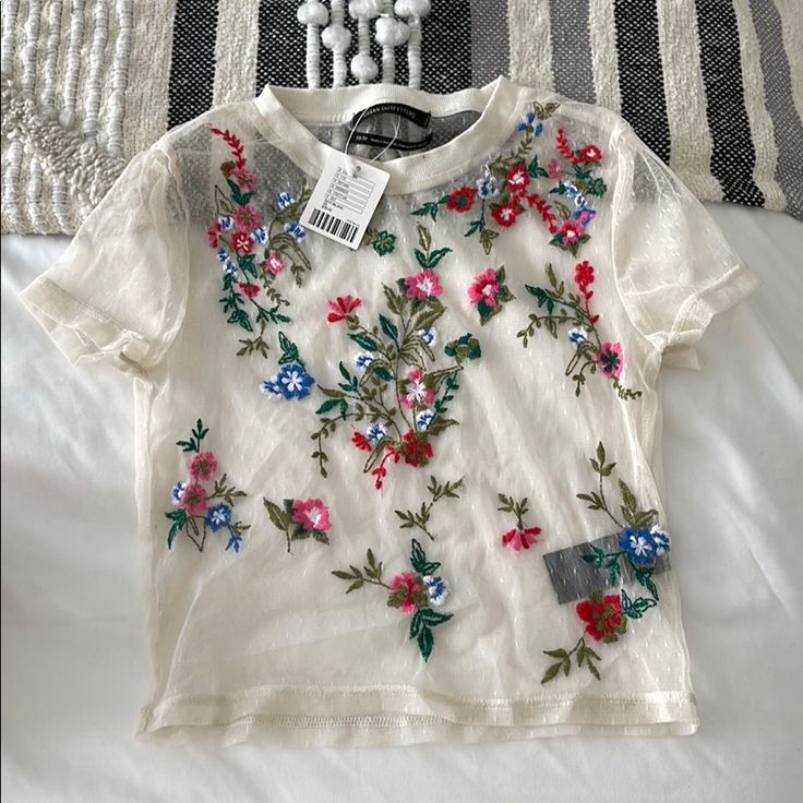 Urban Outfitters Mesh Cream Shirt Size Xs. New With Tags Summer Crew Neck Tops With Floral Embroidery, Spring Crew Neck Tops With Floral Embroidery, Multicolor Floral Embroidered T-shirt For Summer, Spring Floral Embroidered Short Sleeve Tops, Urban Outfitters Short Sleeve Summer T-shirt, Embroidered Fitted T-shirt For Spring, Fitted T-shirt For Spring, Fitted Embroidered T-shirt For Spring, Urban Outfitters Summer T-shirt