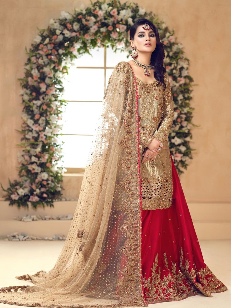 Gleamed | Pakistani Designer Outfit | Sarosh Salman Bridal Mehndi Dresses, Pakistani Culture, Mehndi Dresses, Designer Outfit, Geometric Inspiration, Fancy Dress Design, Crimson Red, Net Dupatta, Pakistani Designers