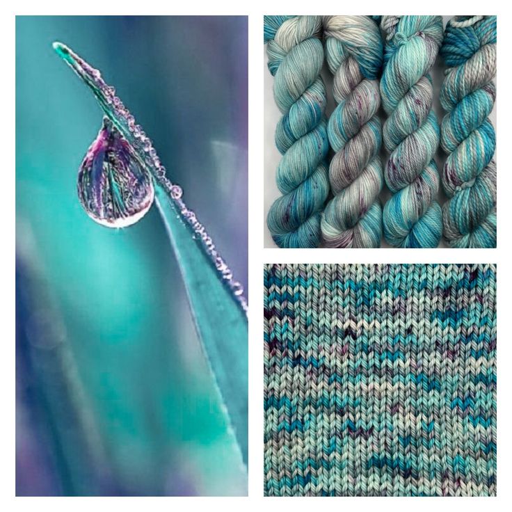 three pictures with different colors of yarn, one is blue and the other is green