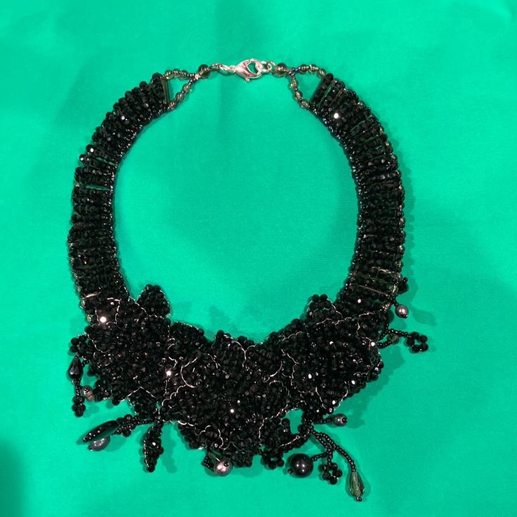 Black Flower Statement Necklace Reference- G2 Luxury Black Beads Jewelry For Formal Occasions, Luxury Formal Jewelry With Black Beads, Luxury Embellished Necklaces For Party, Formal Black Beaded Necklace, Luxury Black Beads Jewelry For Party, Elegant Black Beads Jewelry For Evening, Luxury Black Beaded Jewelry For Party, Luxury Embellished Evening Necklaces, Elegant Black Beaded Jewelry For Evening