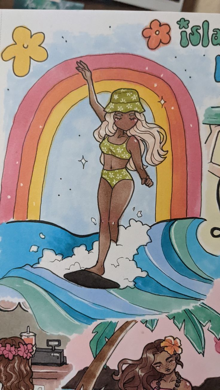 a drawing of a girl on a surfboard in front of a rainbow