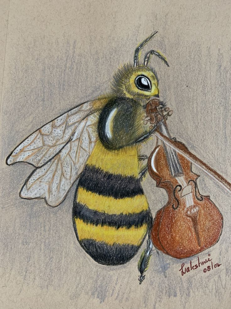 a drawing of a bee playing the violin