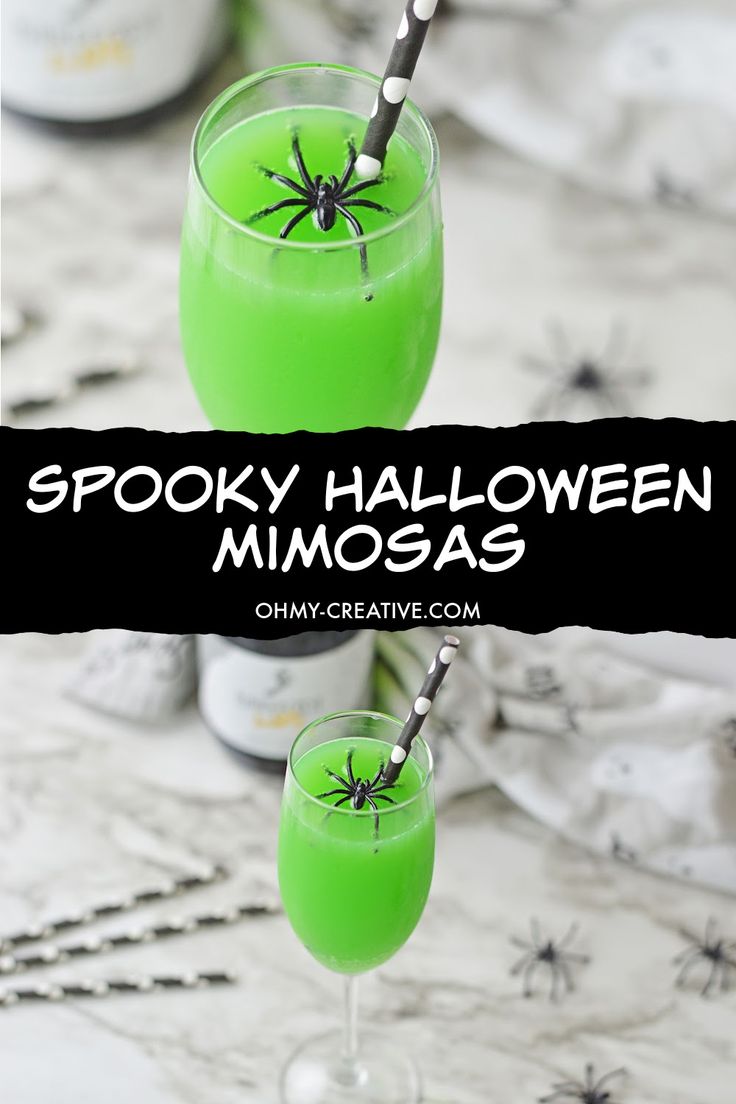 spooky halloween mimosas with green liquid and black spider on the rim