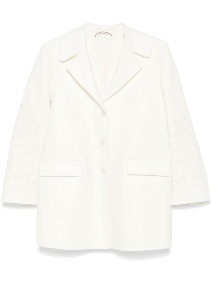 white virgin wool felted front button fastening notched collar long sleeves embroidered motif two side flap pockets central rear vent straight hem Single Breasted Coat, Ermanno Scervino, Single Breasted Jacket, Notched Collar, Women's Coats & Jackets, Denim Pant, Denim Top, Single Breasted, Womens Clothing Tops