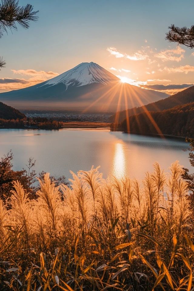 the sun is setting over a lake with mountains in the background and grass around it