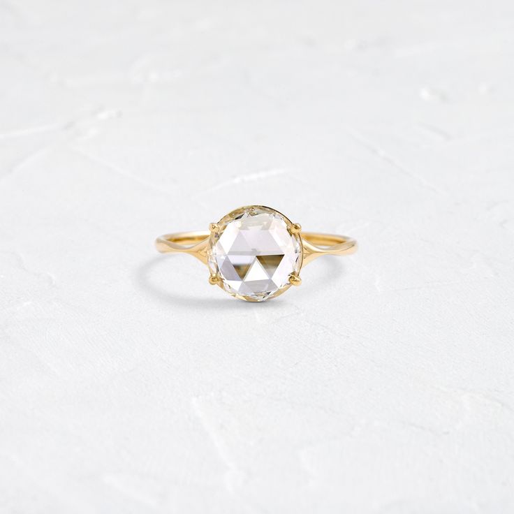 |14k Yellow Gold Rose Cut White Sapphire Ring, Rose Cut Engagement Ring, Corset Ring, Low Profile Engagement Rings, Rose Cut Diamond Ring, Handcrafted Engagement Ring, Melanie Casey, Yellow Sapphire Rings, Rosecut Diamond Ring