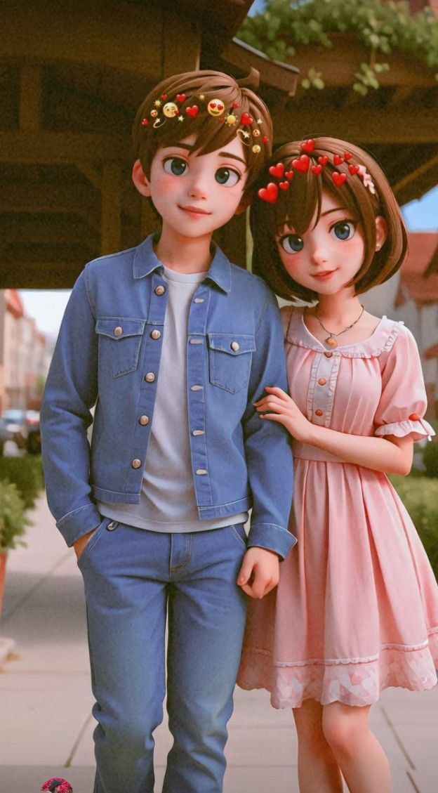 a boy and girl standing next to each other on a sidewalk with flowers in their hair