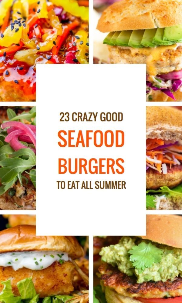 some food that is on top of a white board with the words 25 crazy good seafood burgers to eat all summer