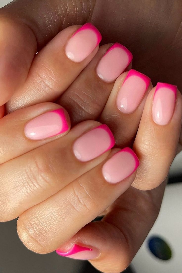 Pink french tips for the win💘 Light Pink French Tip Nails Gel, Pink Tip French Manicure Almond, Neon Pink French Manicure, Nails Pink Tips French, Short Pink Tip Nails, Bright Pink French Tips, Cerise Pink Nails, Basic Acrylic Nail Designs, Pink Tip French Manicure