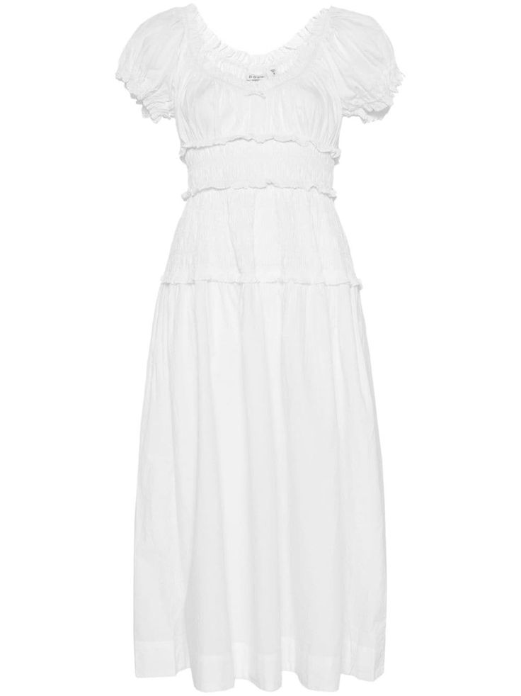 white organic cotton poplin texture frilled neckline short puff sleeves ruffle cuffs smocked waist A-line skirt straight hem mid-length We've partnered with Good On You — an independent agency that rates how brands perform in relation to their impact on the planet, people and animals, with a multi-criteria rating simplified to a five points scale. In order to be awarded our conscious label, larger brands need to score a minimum of four out of five ('Good'), while smaller brands must score at least three out of five ('It's A Start'). This item comes from a brand rated three out of five ('It's A Start') by Good on You at the time it was added on FARFETCH. Please note, this is a brand-level rating and does not guarantee that this product is made with conscious materials. Learn more about what Skirt Straight, Midi Dress White, Neck Bow, Wardrobe Edit, Yoko London, Mid Length Dresses, Exclusive Fashion, White Midi Dress, Flared Skirt